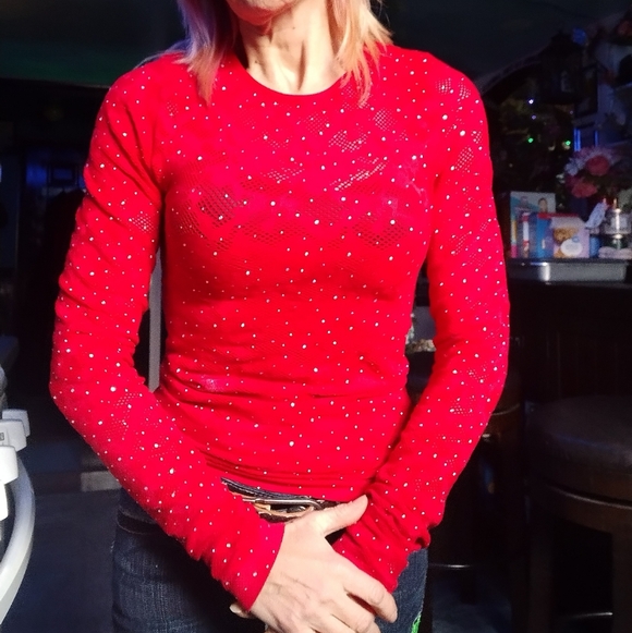 NWOT Red Rhinestone Mesh Top - Picture 10 of 10